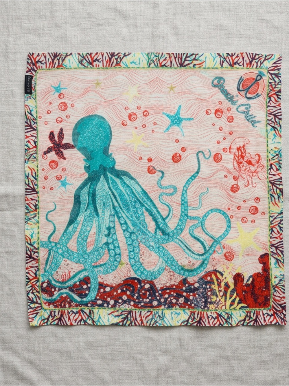 Vismaya - Teal & Red Octopus Printed Scarf or Bandana with Embroidery Accents